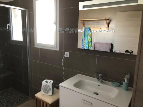 ein Badezimmer mit Waschbecken und Spiegel in der Unterkunft Villa 1 Minute Du Bord De Mer Jardin Clim Wifi in Santa-Lucia-di-Moriani