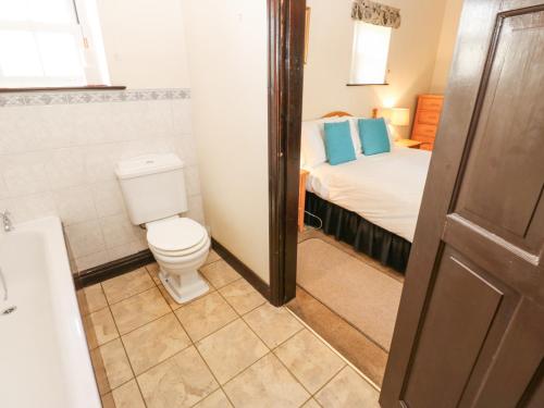 La salle de bains est pourvue de toilettes et d'un lit avec des oreillers bleus. dans l'établissement Pencroft Cottage, à Leyburn