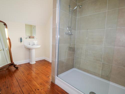 a bathroom with a shower stall and a sink at Groomes Country House in Bordon