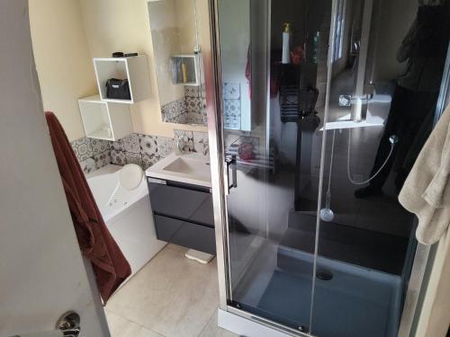 une salle de bain avec douche et lavabo dans l'établissement Villa avec piscine privative, à Solliès-Toucas
