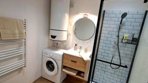 une salle de bain avec une machine à laver et un lavabo dans l'établissement Le Nid'Vernais, à Nevers