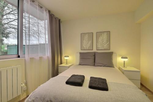 une chambre avec un grand lit avec deux oreillers dessus dans l'établissement Appartement 1 chambre, rez de chaussée avec garage, à Montbéliard