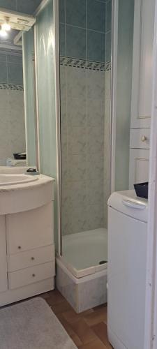 La salle de bains est pourvue d'une douche, de 2 lavabos et de toilettes. dans l'établissement Coeur du village Barcarès accès plage direct studio vue mer exceptionnelle, au Barcarès