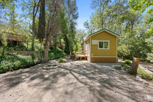 a small cabin in the woods with a patio at Brand New Cabin in Kernville