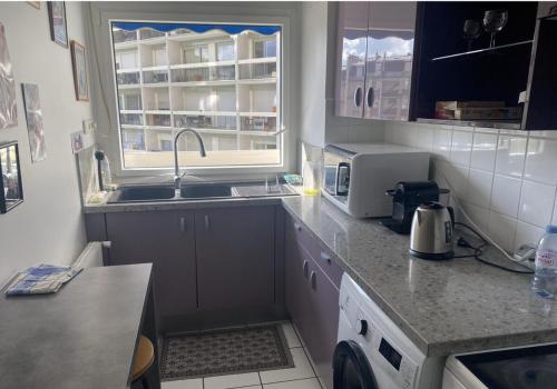 une cuisine avec un comptoir, un évier et une fenêtre dans l'établissement Appartement de 47m avec petit balcon et vue dégagée, à Paris