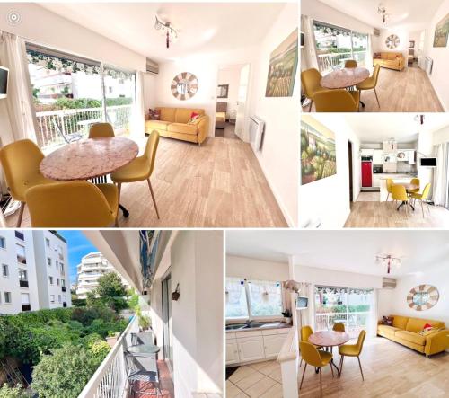 un collage de photos d'un salon et d'une salle à manger dans l'établissement Positive, à Cannes