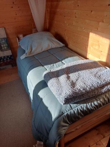 un lit dans une chambre avec un mur en bois dans l'établissement Tiny House Eurovelo 6, à Chalon-sur-Saône