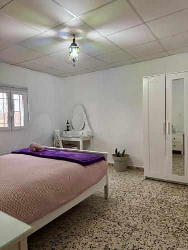 a bedroom with a bed and a table and a mirror at casa de lucas in Caniles