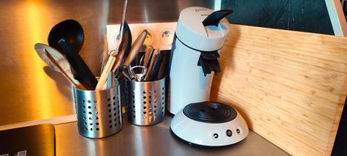 a counter with two canisters of utensils and a blender at Gite L'insolite dans le Jura in Étival