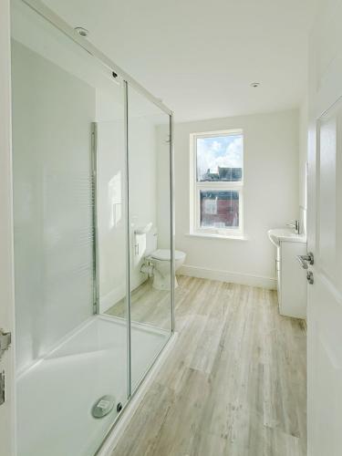 a bathroom with a glass shower and a toilet at Nelson Road - 3 Bed Terrace in Yarmouth in Great Yarmouth