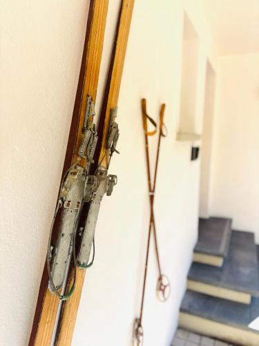 two pairs of skis hanging on a wall at Haus Steiner #Mitten im Schwarzwald# in Lauterbach