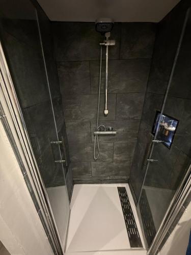 une salle de bain avec une douche avec une porte vitrée dans l'établissement Dépendance cosy près de Paris, à Vernouillet