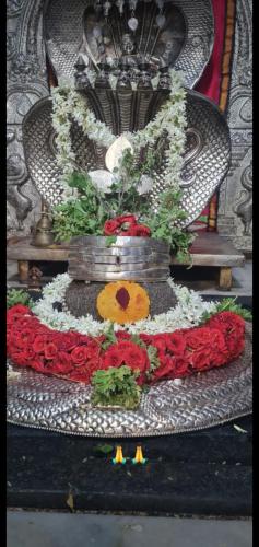 a altar with red and white flowers on a chair at Mamatha Guest inn in Hampi
