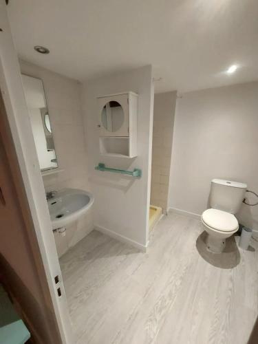 une salle de bain blanche avec des toilettes et un lavabo dans l'établissement Appartement moderne à Gréolières, 26 m², vue saisissante, à Gréolières