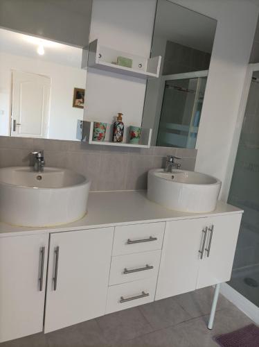 une salle de bain blanche avec deux lavabos et un miroir dans l'établissement Chez Sabine la Campagne HAUT, à Narbonne