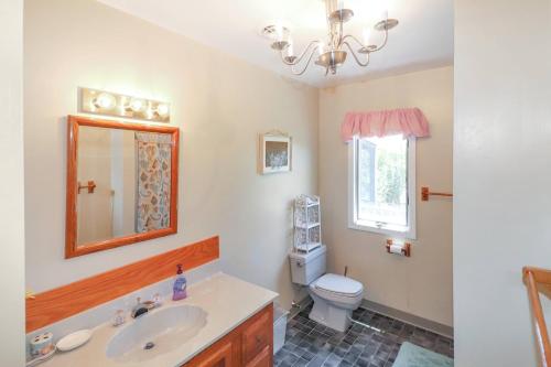 a bathroom with a sink and a toilet and a mirror at Southern Dream - Water views & screened porch! in Deep Hole
