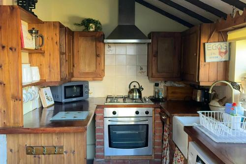 a kitchen with wooden cabinets and a stove top oven at Quiet cottage on the rural edge of Brixham in Brixham