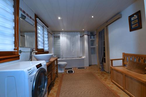 une salle de bain avec une machine à laver et un lavabo dans l'établissement Gîte Les Pivoines, à Dambach-la-Ville