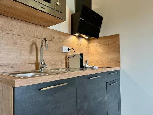 une cuisine avec un évier et un micro-ondes dans l'établissement Charmant Studio Bd Lafayette tout équipé 16, à Clermont-Ferrand