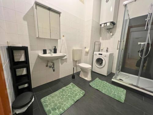 a bathroom with a toilet sink and a washing machine at Leoben City Apartments - Premium Apartments 24 7 in Leoben