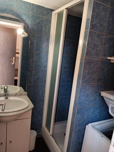 une salle de bain avec un lavabo et une douche dans l'établissement Le Mas de la Mer, aux Lecques