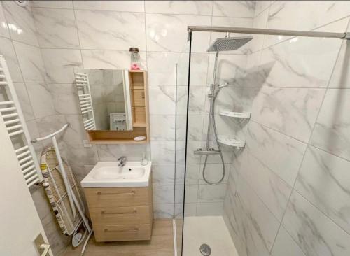 een badkamer met een douche en een wastafel bij Studio Moderne Cannes - Parking - Proche de la plage in Cannes