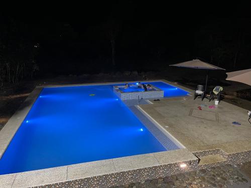 a blue swimming pool at night with an umbrella at Hostería CASA SAN LUIS in Mindo