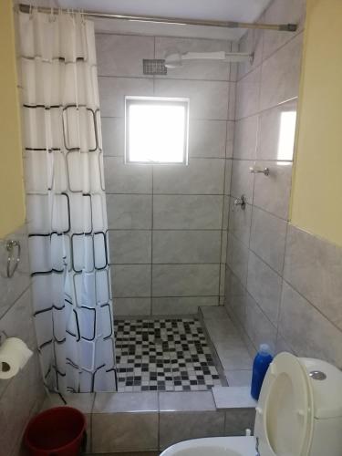 a bathroom with a shower with a toilet and a sink at TRAVELASPA Guest House in Roodepoort