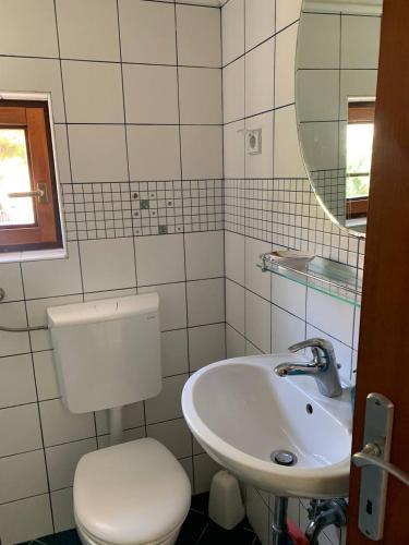 a bathroom with a sink and a toilet and a mirror at Apartment Patricia in Primošten