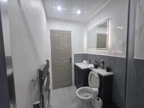 a bathroom with a toilet and a sink and a mirror at 18 Anfield 5 min walk Sleeps 7 4BR 5Bed 3Bathrms in Liverpool