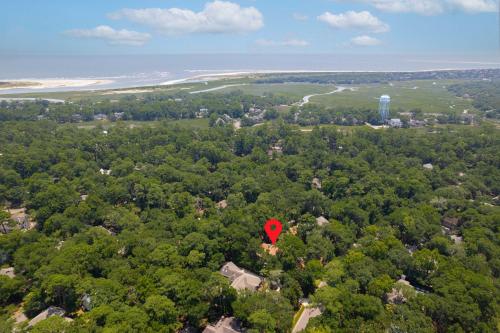 a red kite flying over a forest of trees at 2908 Captain Sams in Seabrook Island