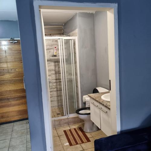 a bathroom with a toilet and a glass shower at Greggs Place at Capital Hill Arcadia in Pretoria