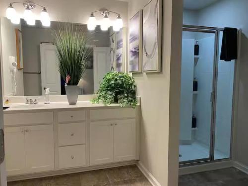 a bathroom with a sink and a shower and a mirror at Meadowstone Lane Haven - Modern Atlanta Stay in Atlanta