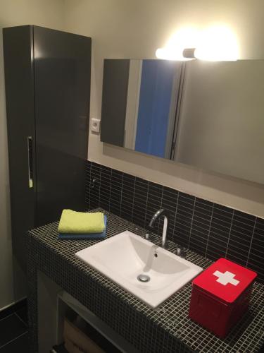 un comptoir de salle de bain avec un lavabo et un miroir dans l'établissement Location appartement de vacances Ajaccio, à Ajaccio