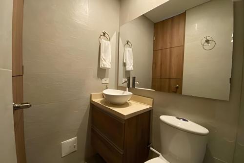a bathroom with a sink and a toilet and a mirror at Domus Suites Chia in Chía