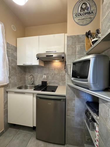 une cuisine avec un évier et un micro-ondes dans l'établissement Studio vue mer, à Ajaccio