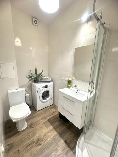 a bathroom with a toilet sink and a washing machine at Exclusive Apartments Smolna in Warsaw