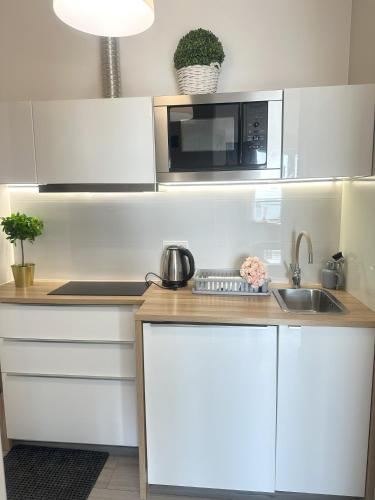 a kitchen with a counter top with a microwave at Exclusive Apartments Smolna in Warsaw