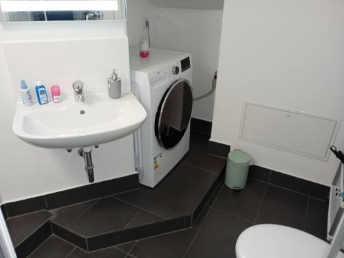 a bathroom with a sink and a washing machine at Eine wundervolle Wohnung! in Forstinning