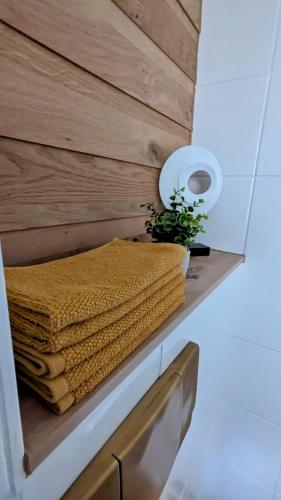 a shelf with towels on it in a bathroom at Urlaubsresidenz Schlossblick in Colditz
