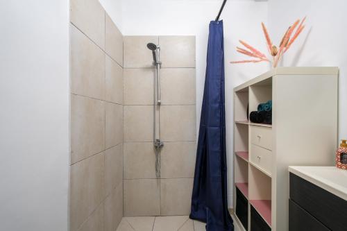 a shower with a glass door in a bathroom at Le Faubourg National Climatisé Parking gratuit Wifi in Aigues-Mortes