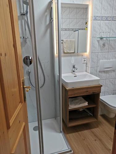 a bathroom with a shower and a sink and a toilet at Appartement Gredler Martina in Mayrhofen