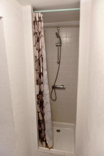 une salle de bain avec une douche avec un rideau de douche dans l'établissement Magnifique studio, à Valenciennes