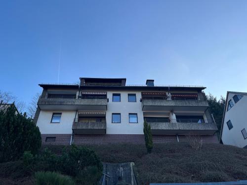 ランゲスハイムにあるTeufelsberg Panorama mit Sauna und Bergblickの丘の上にバルコニー付きの白い建物