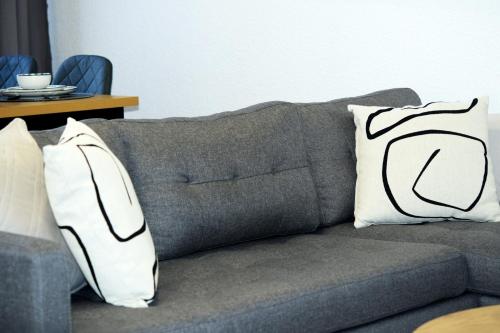 a gray couch with two pillows on it at ASYA HOME Zentral, Balkon, Netflix, Gratis Kaffee und Tee in Chemnitz
