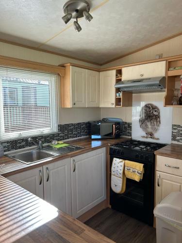 a kitchen with white cabinets and a black stove top oven at 24 The Beeches Caravan Park in Gilcrux