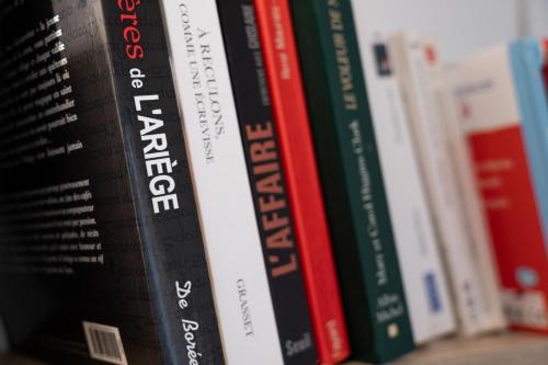 una fila di libri appoggiati su uno scaffale di Neuf, confortable & atypique a Saint-Jean-de-Verges