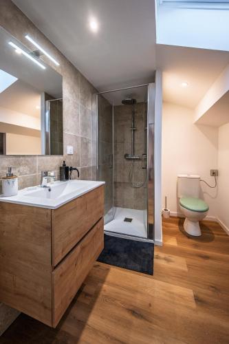 une salle de bain avec un lavabo et une douche dans l'établissement Neuf, confortable & atypique, à Saint-Jean-de-Verges