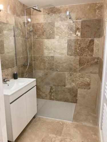une salle de bain avec douche et lavabo dans l'établissement Charmant T2 au Cœur de Carcassonne- Proche Gare & Centre, à Carcassonne
