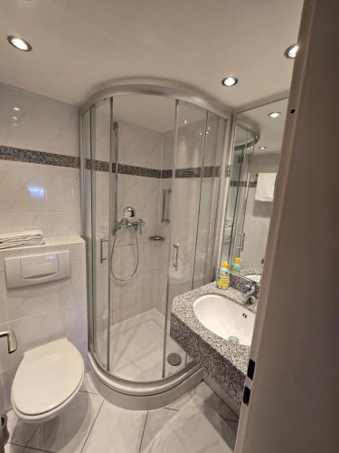 a bathroom with a shower and a toilet and a sink at Hotel Alt Nürnberg in MHG